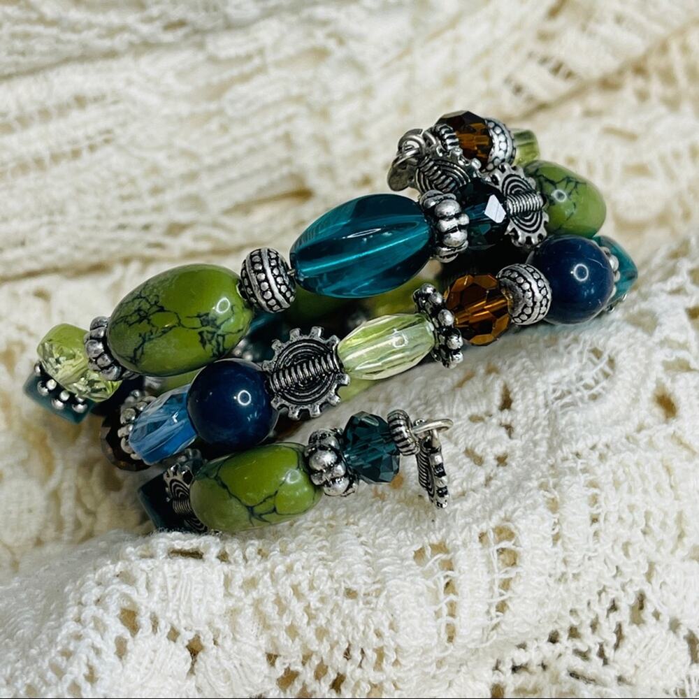 Beaded coiled bracelet blue green charm